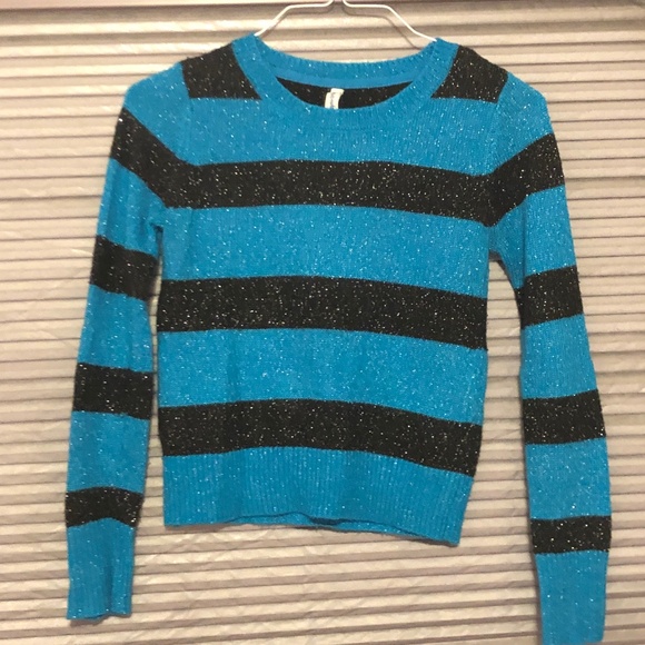 Cool Aeropostale Blue black Stripe Sparkle knit Sweater Long sleeves shimmer top - Picture 7 of 13